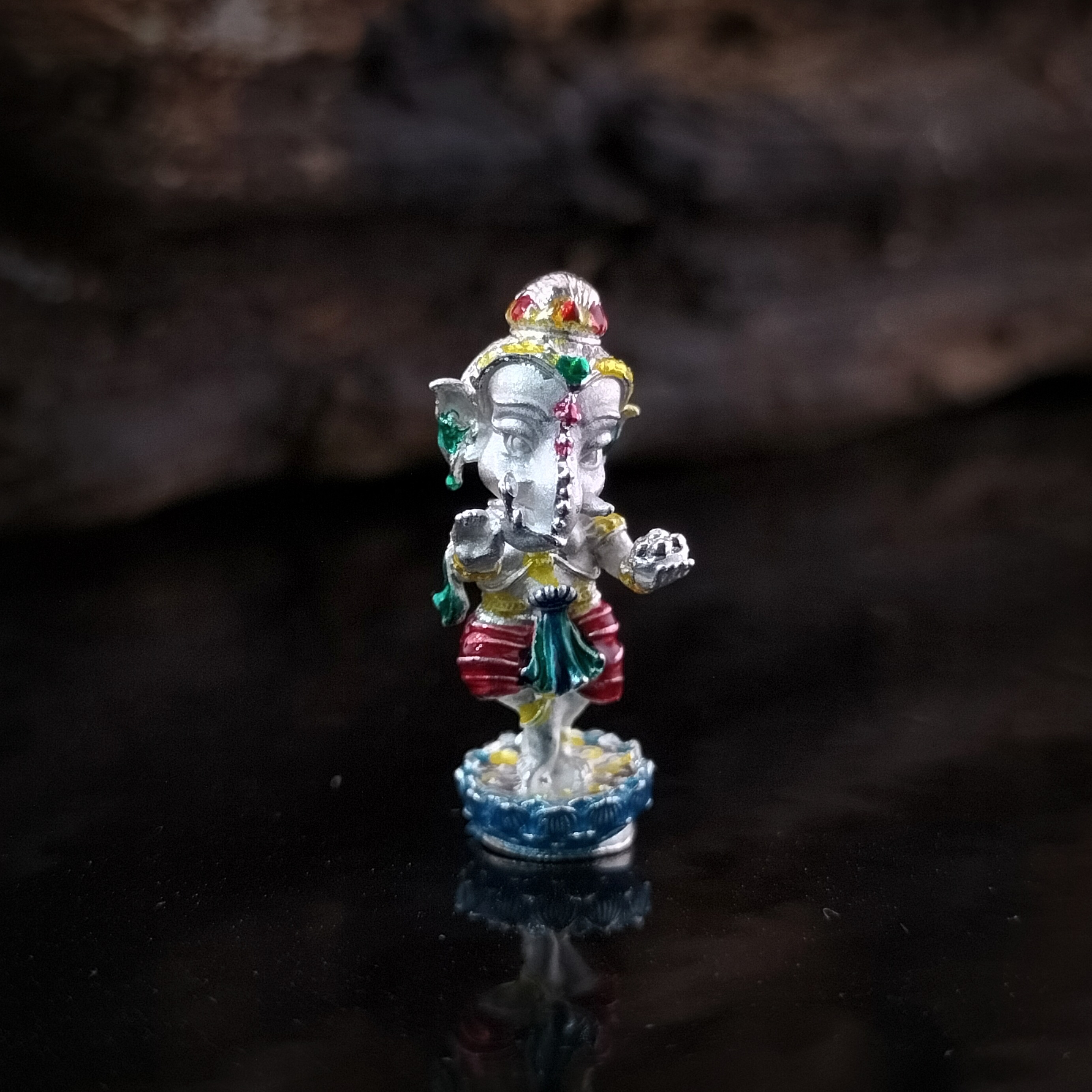 พระพิฆเนศน้อย คเณศนาฏย รหัส 3 เนื้อบรอนซ์ชุบเงินลงยาราชาวดี