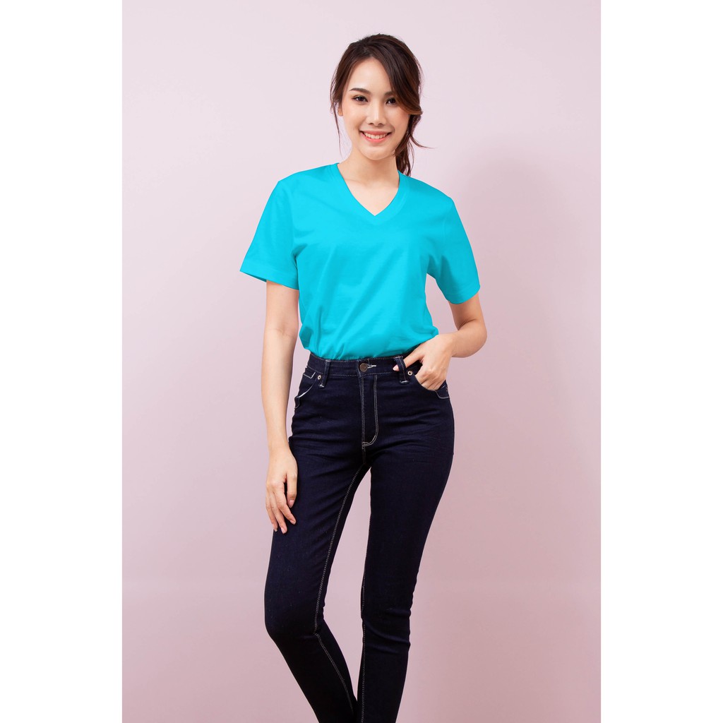 เสื้อยืด OV102 คอวี ผ้าCotton100% 32 เนื้อนุ่ม ใส่สบาย สีฟ้าสด