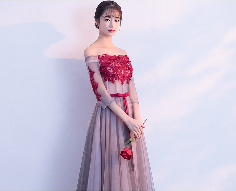 ชุดแฟนซีชุดราตรียาวแบบไหล่ปาดแขนยาวผ้าตาข่ายเชือกผูกหลัง