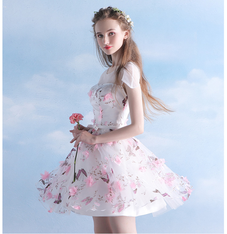 Pre-order ชุดราตรีสั้น ชุดเพื่อนเจ้าสาว ตกแต่งด้วยลายดอกไม้ทั้งชุด กระโปรงผ้าแก้ว สีชมพู สีครีมแชมเปญ สีม่วง (เชือกผูกหลัง)