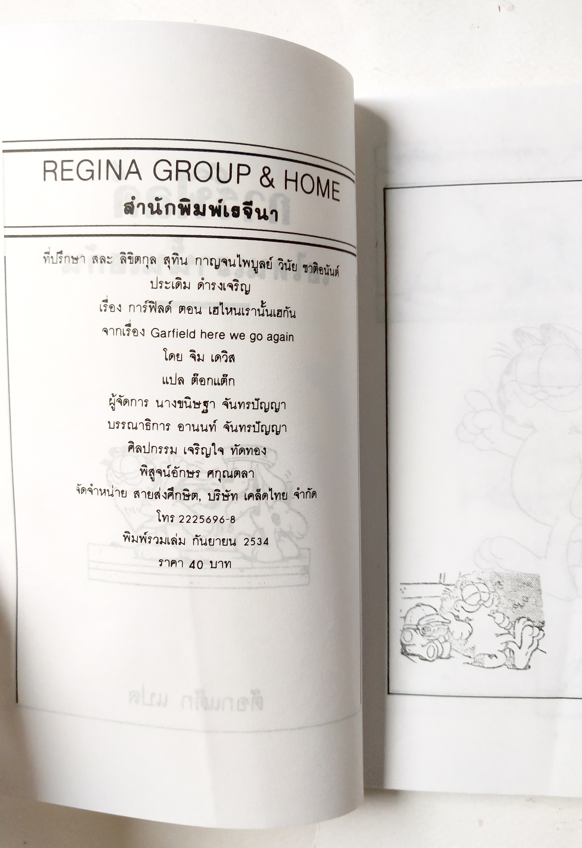 หนังสือการ์ตูน สำนักพิมพ์เรจีนา ,การ์ฟิลด์ Garfield เฮไหนเรานั้นเฮกัน โดย จิม เดวิส, ต๊อกแต๊ก แปลและเรียบเรียง พิมพ์รวมเล่ม กันยายน 2534