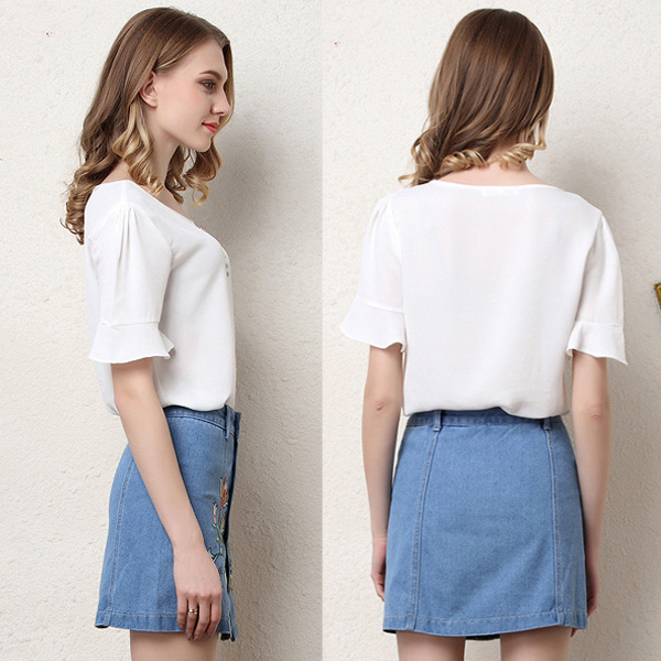 กระโปรงกางเกงยีนส์ฟอกนิ่ม แต่งปักลายดอกไม้วินเทจ (12181X)