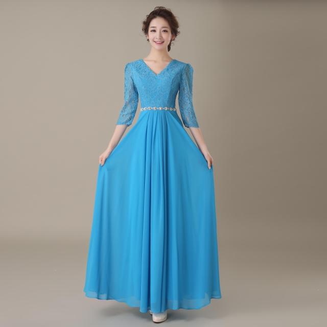 Pre-order ชุดราตรียาว ชุดเพื่อนเจ้าสาว ผ้าชีฟอง อกแต่งลูกไม้ แต่งเพชรที่เอว