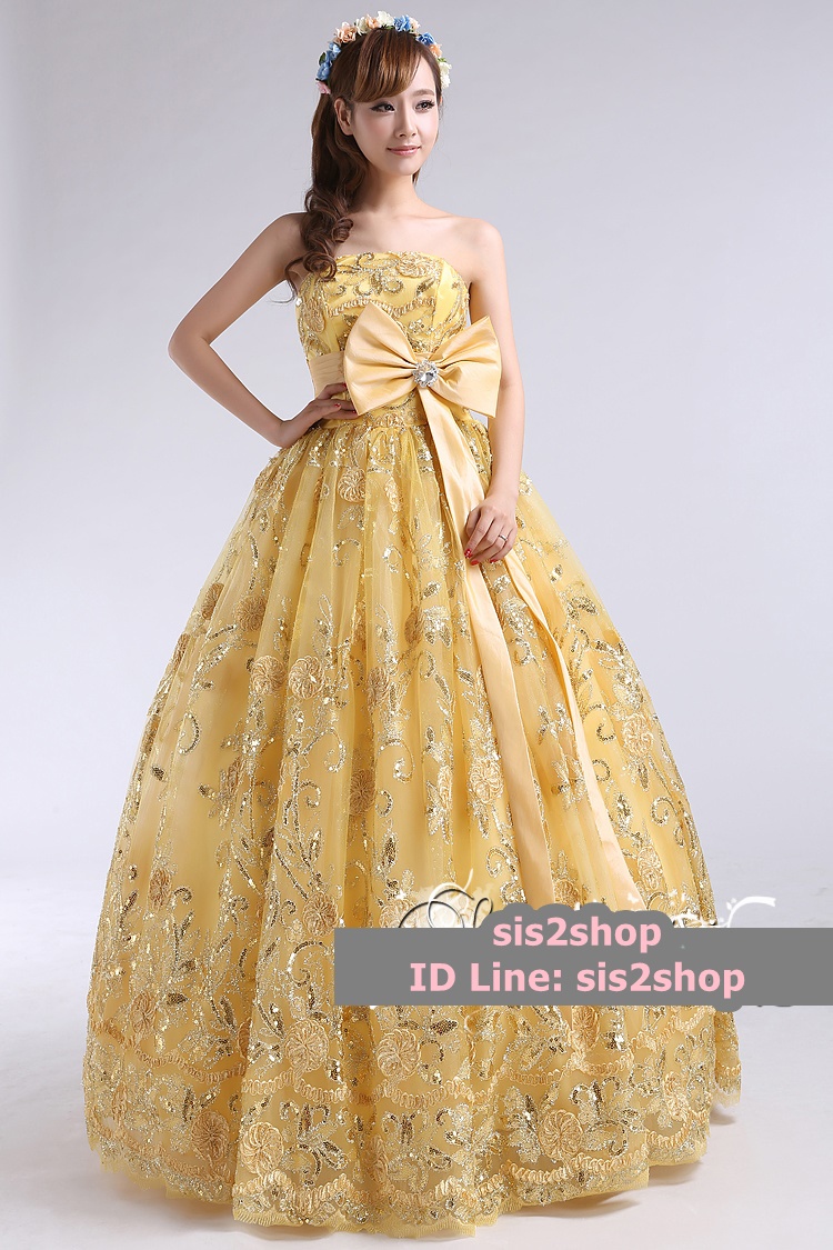 พร้อมเช่า ชุดแฟนซี ชุดราตรี สีเหลือง ลูกไม้ปักทั้งตัว แต่งโบว์ที่เอว (เชือกผูกหลัง)