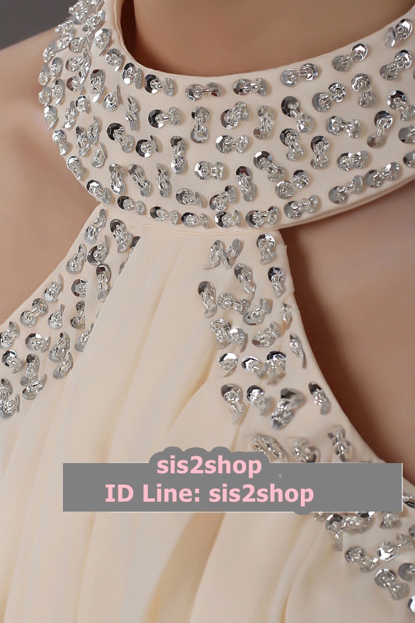 พร้อมส่ง ชุดราตรีสั้น คล้องคอ เว้าไหล่ สีครีม ปักเลื่อมละเอียดช่วงอก คอและเอว