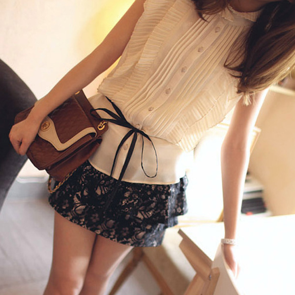 เสื้อแฟชั่น คอจีน ผ้าชิฟฟ่อนแต่งระบายอัดพลีท ChuViVi แท้ (11447CV)