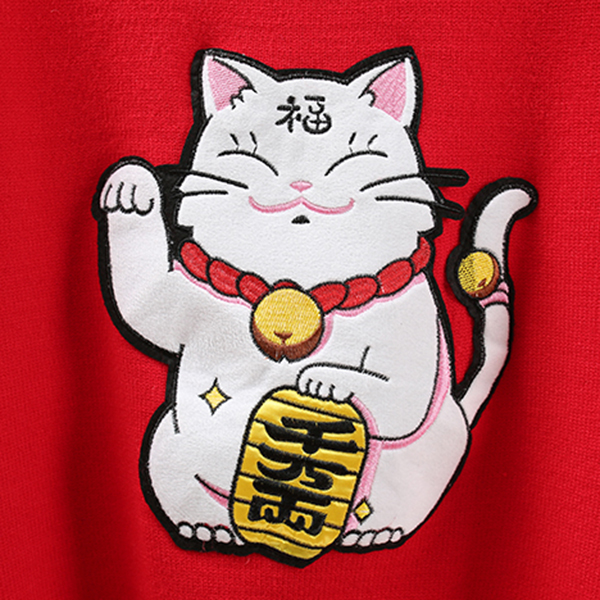 เสื้อไหมพรมคอเต่า แขนยาว ปักผ้ากำมะหยี่ลายแมว (12269B)