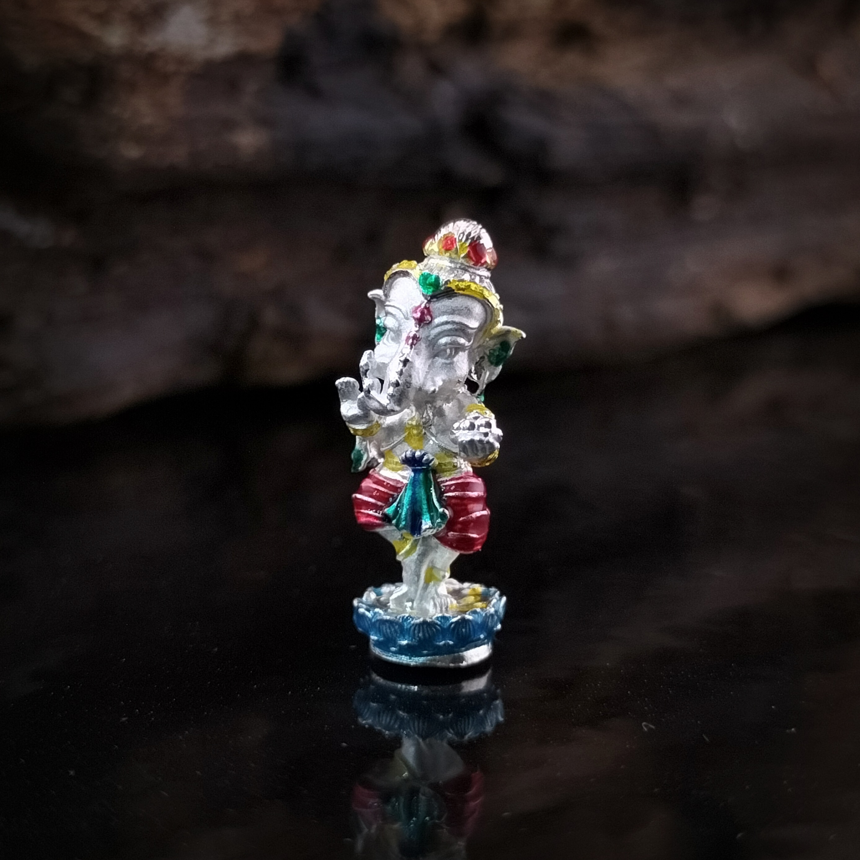 พระพิฆเนศน้อย คเณศนาฏย รหัส 3 เนื้อบรอนซ์ชุบเงินลงยาราชาวดี