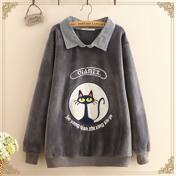 เสื้อสเวตเตอร์กันหนาว ผ้ากำมะหยี่หนาน่มปักลายแมว (12073LM)