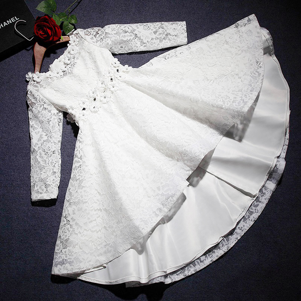 Pre-Order ชุดราตรีเด็ก สไตล์เจ้าหญิง แขนยาว สีขาว ผ้าลูกไม้ ซิปหลัง