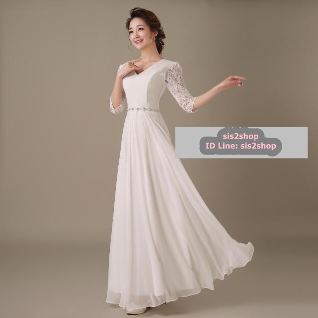 พร้อมส่ง ชุดราตรียาว แขนสามส่วน สีขาว แต่งลูกไม้ช่วงบน (ลูกไม้เนื้อนิ่ม) ตัวกระโปรงเป็นผ้าชีฟอง ช่วงเอวแต่งเพชร สวยหรู (L - 3XL)