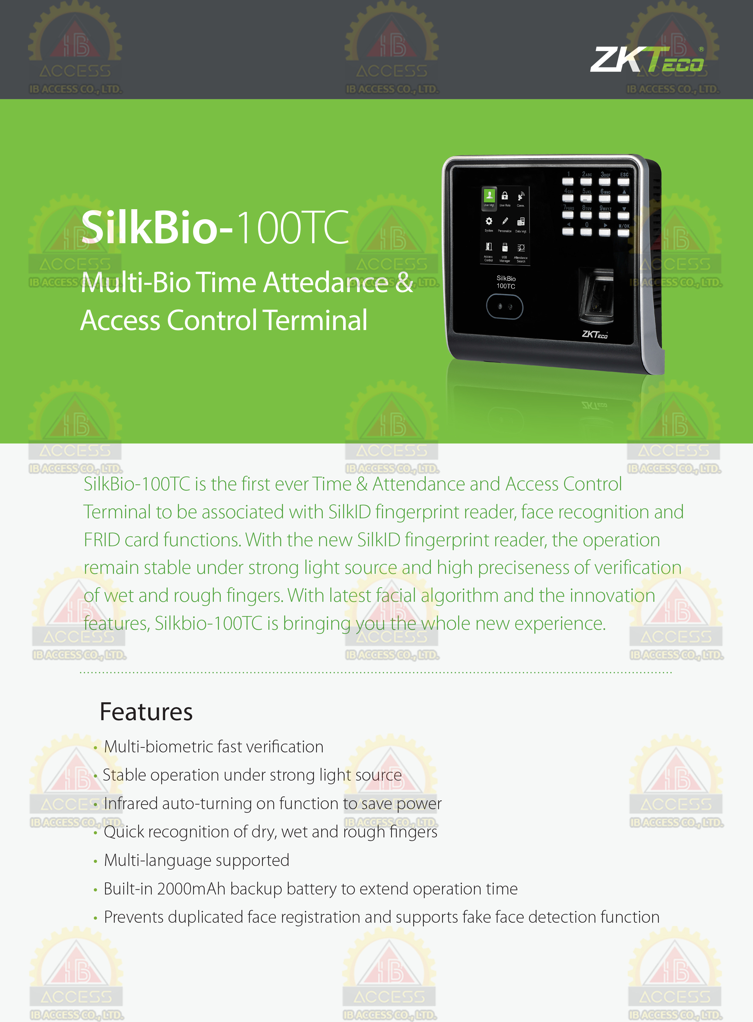 เครื่องสแกนใบหน้า ยี่ห้อ ZKTeco รุ่น SilkBio-100TC รองรับระบบ Access Control