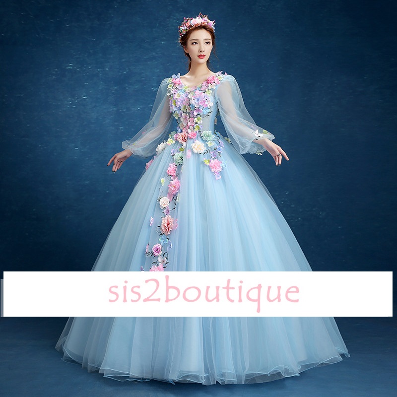 Pro-order ชุดราตรี ชุดแฟนซียาว แขนยาว คอวี ผ้าแก้ว แต่งดอกไม้แฮนด์เมด สไตล์เจ้าหญิง กระโปรงพองสวย เชือกผูกหลัง สวยหรู