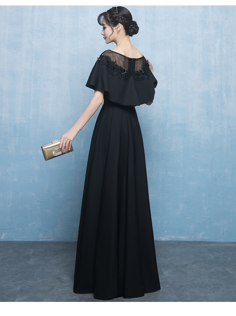 ชุดราตรียาวแขนยาวสีดำแต่งดอกไม้ผ้าชีฟอง (ซิปหลัง)