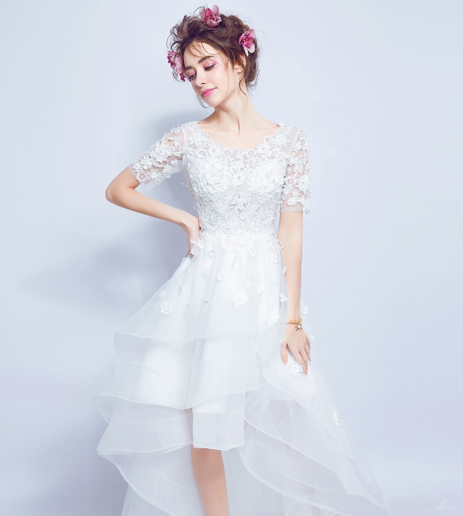 Pre-order ชุดแฟนซี ชุดเจ้าสาว ชุดราตรี หน้าสั้นหลังยาว แขนสั้น แต่งผ้าลูกไม้ สวยหรู เชือกผูกหลัง