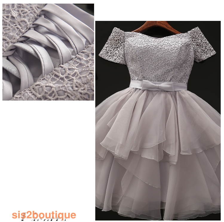 Pre-order ชุดราตรีสั้น ชุดเพื่อนเจ้าสาว แบบ B ไหล่ปาด กระโปรงสั้น ผ้าลูกไม้ คาดเอวด้วยโบว์ กระโปรงผ้าแก้วเป็นชั้น ๆ เชือกผูกหลัง