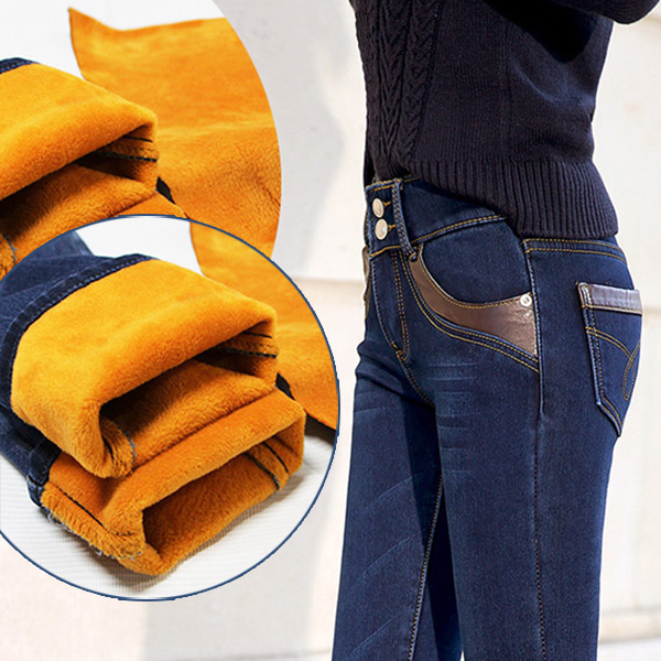 กางเกงยีนส์กันหนาว ทรงสลิม ซับกำมะหยี่ กระเป๋าแต่งหนัง (11660X)