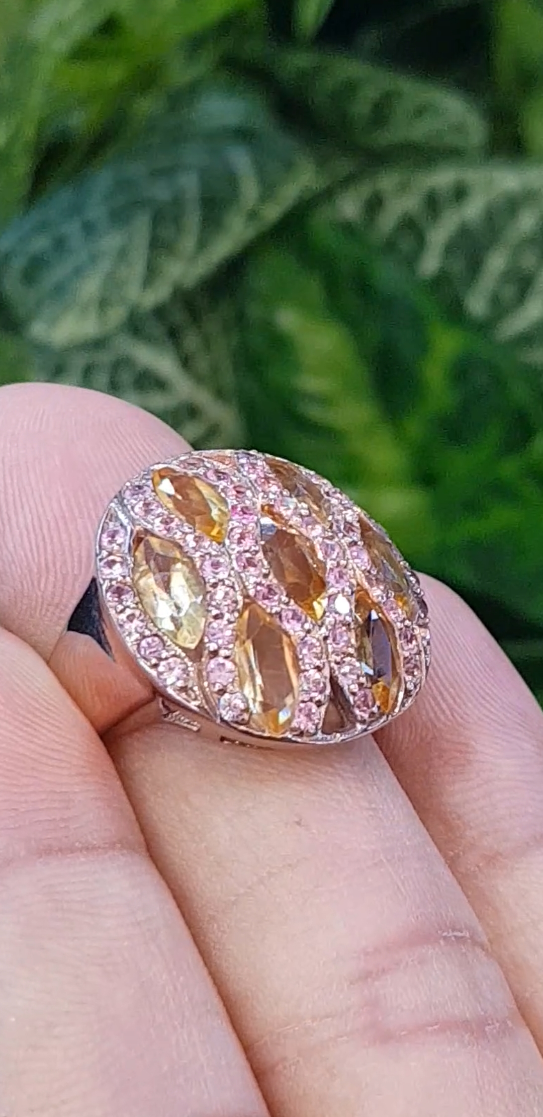 แหวน พลอยซิทรีน Citrine Silver Ring (Size) 55 ตัวเรือนเงิน ชุบทอง ประดับด้วยพิ้งแซฟไฟร์ เพชร CZ คัดคุณภาพ