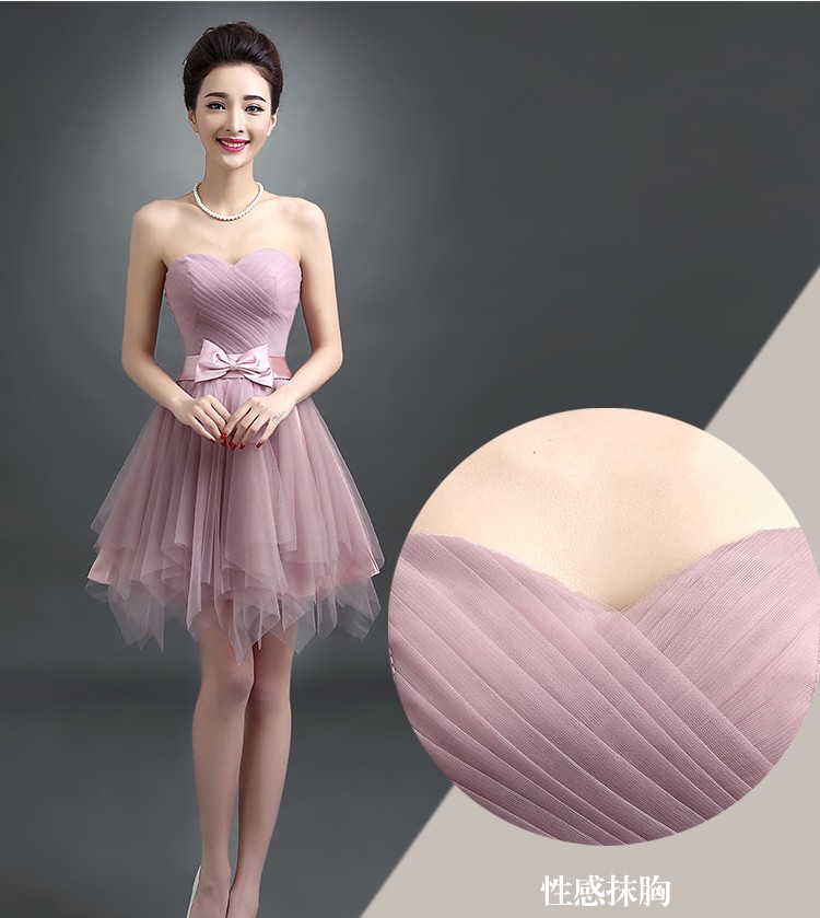 Pre-order ชุดราตรีสั้น ชุดเพื่อนเจ้าสาว เกาะอก คาดเอวด้วยโ่บว์ กระโปรงตาข่าย เชือกผูกหลัง