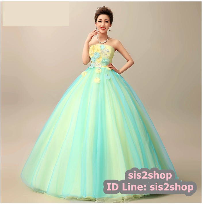 พร้อมเช่า ชุดแฟนซี ชุดราตรียาว เกาะอก แต่งดอกช่วงบน สีฟ้าเหลือง กระโปรงพองสวย สไตล์เจ้าหญิง