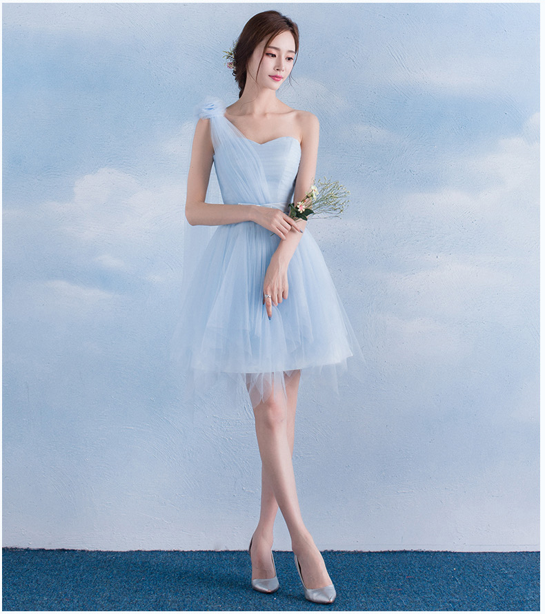 Pre-order ชุดราตรีสั้น เพื่อนเจ้าสาว กระโปรงตาข่าย มีหลายแบบ สีฟ้า (เชือกผูกหลัง)