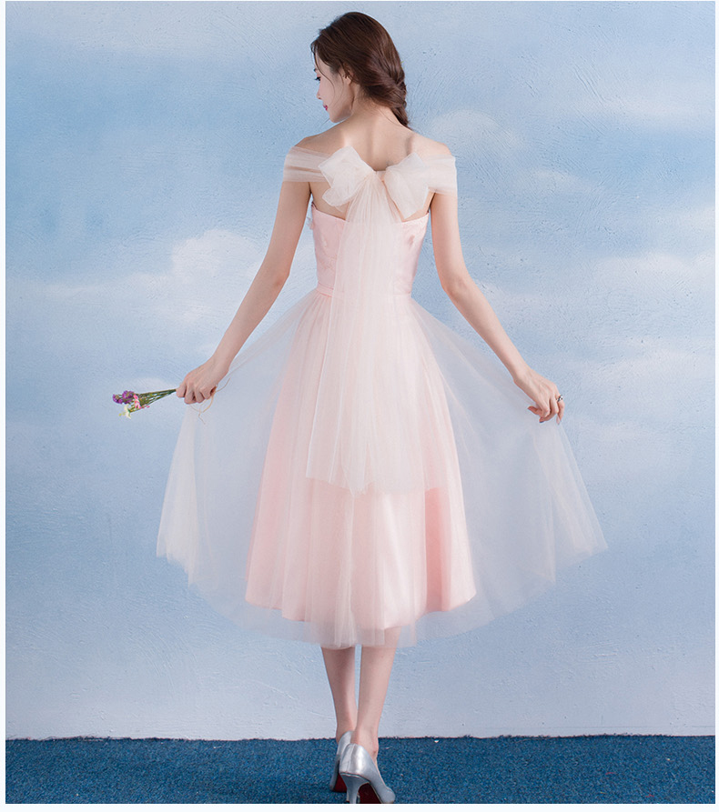 Pre-order ชุดราตรีสั้น ชุดเพื่อนเจ้าสาว ช่วงบนตกแต่งด้วยผ้าลูกไม้ คาดโบว์ที่เอว กระโปรงตาข่าย มีหลายแบบ สีชมพู (เชือกผูกหลัง)