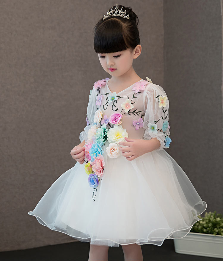 Pre-order ชุดแฟนซี ชุดกระโปรง แขนยาว แต่งดอกไม้สามมิติหลากสี กระโปรงผ้าแก้ว ซิปหลัง