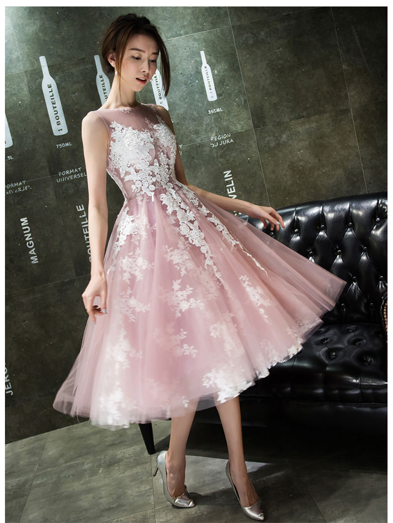 Pre-order ชุดราตรียาว แขนกุด ผ้าตาข่าย แต่งลูกไม้ สีชมพูหวาน มีซิป