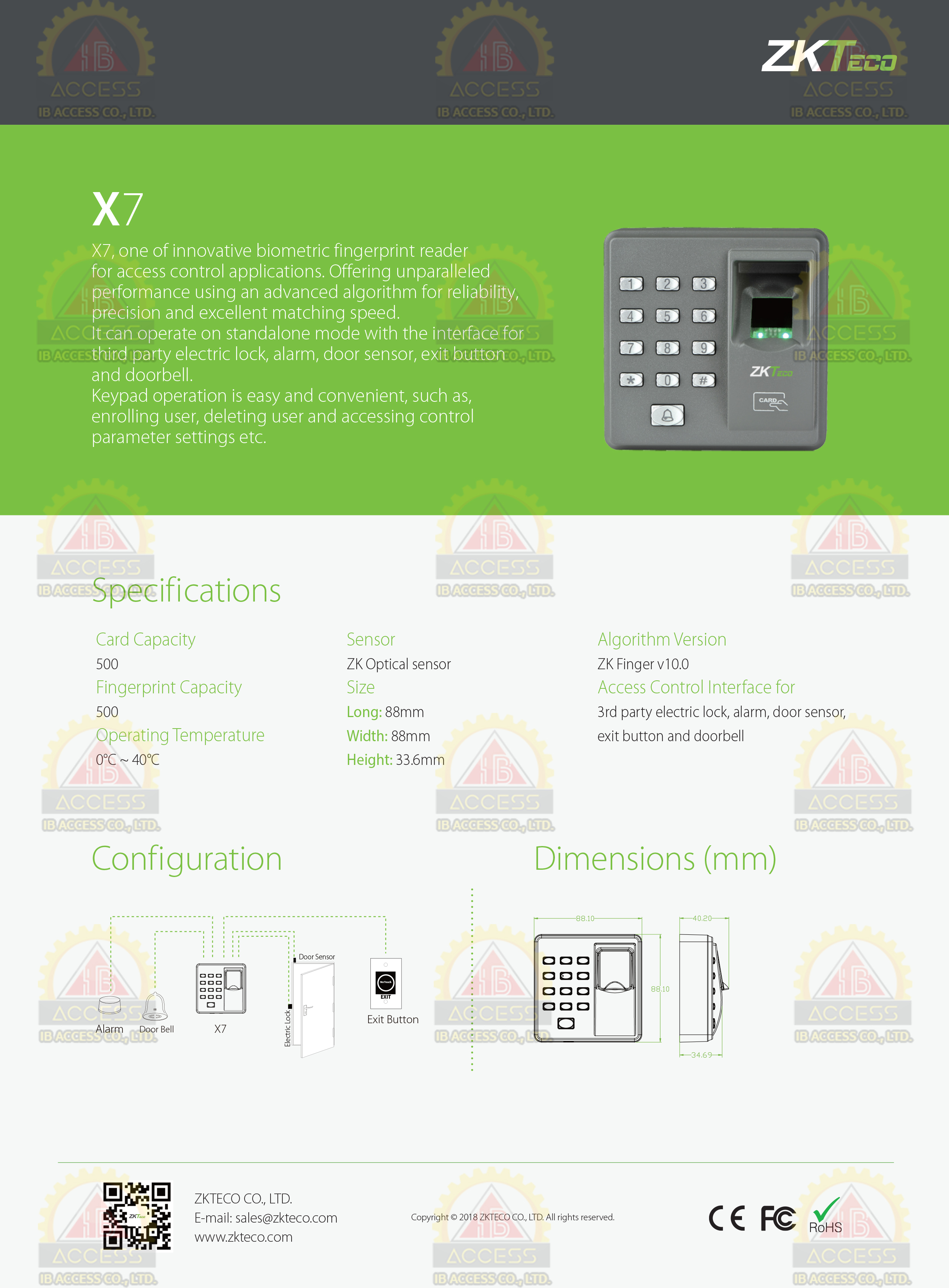 เครื่องสแกนลายนิ้วมือ ยี่ห้อ ZKTeco รุ่น X7 รองรับระบบ Access Control