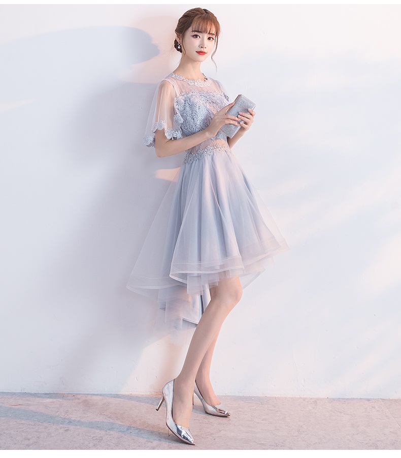 ชุดราตรีหน้าสั้นหลังยาวสีทองปักเลื่อมลายดอกไม้ ไหล่ปาดแขนยาว เชือกผูกหลัง สำเนา