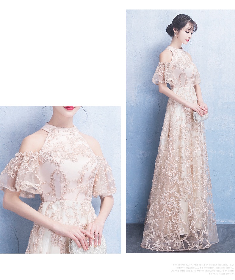 Pre-order ชุดราตรียาวคล้องคอระบายแขน ปักดิ้นเป็นลาย สวยหรู ซิปหลัง