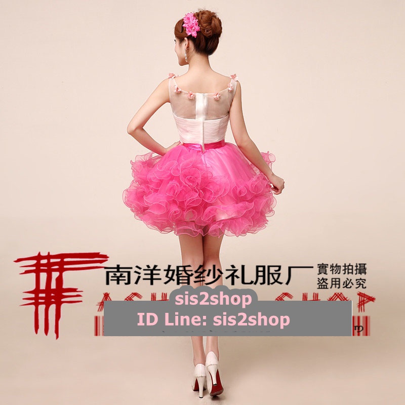 พร้อมเช่า ชุดแฟนซี ชุดราตรีสั้น กระโปรงผ้าแก้วย้วยพองฟู น่ารักมาก แต่งดอกไม้ช่วงอก สีชมพู