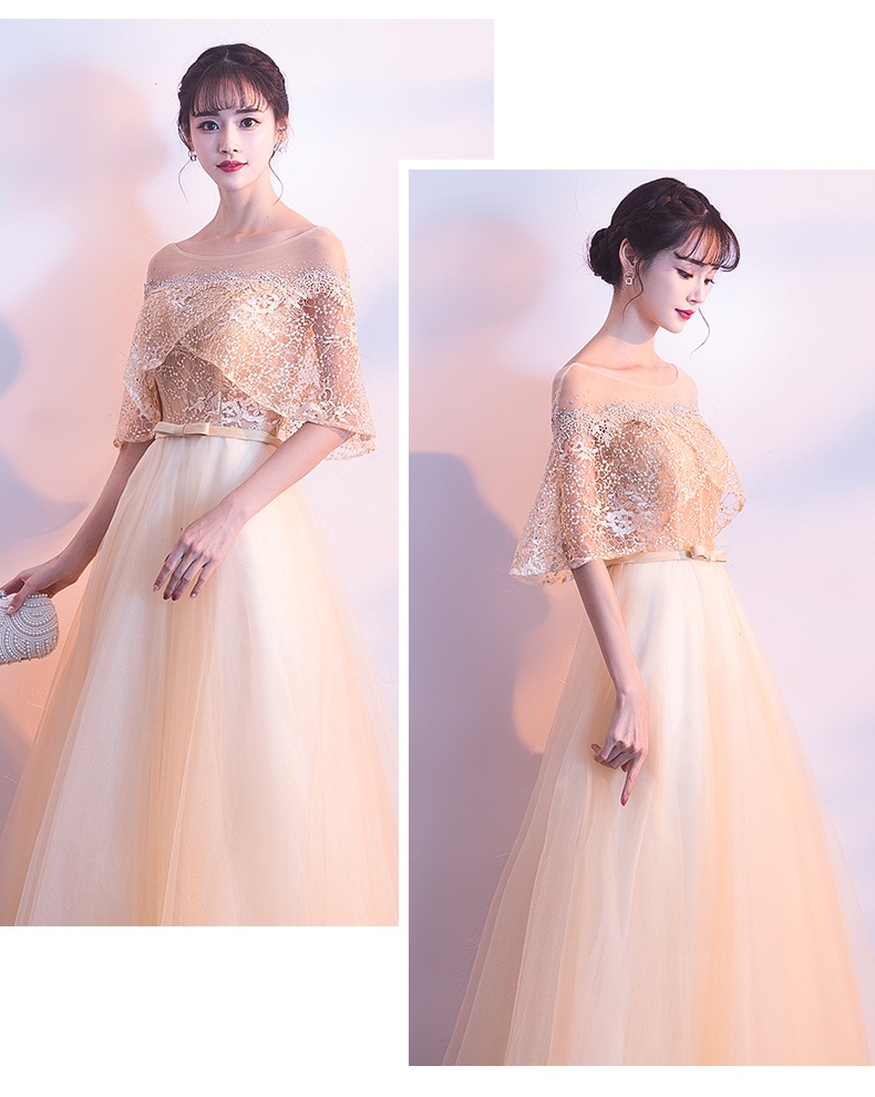 ชุดราตรียาวแขนระบายแต่งด้วยผ้าลูกไม้ปักมุกกระโปรงตาข่ายสวยหรู (เชือกผูกหลัง)