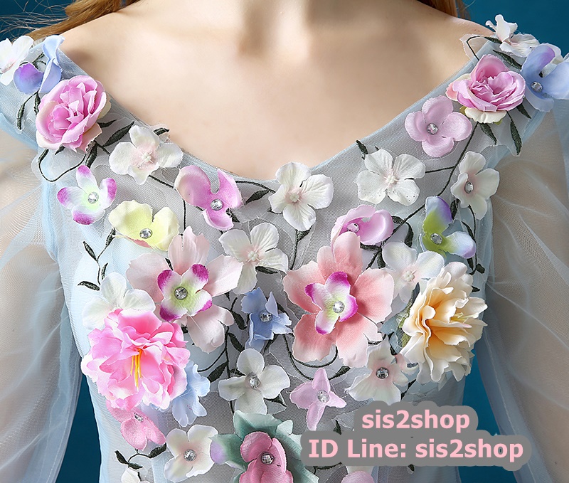 พร้อมเช่า ชุดแฟนซี ชุดราตรียาว สีฟ้า แขนยาว แต่งดอก Fairy สไตล์เจ้าหญิง กระโปรงพองสวย เชือกผูกหลัง