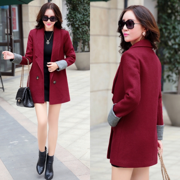เสื้อโค้ทวูลกันหนาวทรงสูท แขนยาวตัดสี แต่งกระเป๋าคู่ (12165X)