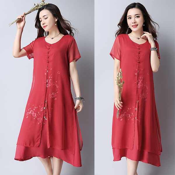 เดรสยาวผ้าฝ้ายญี่ปุ่นปักลายดอก ชายพริ้วสวย (11811M)