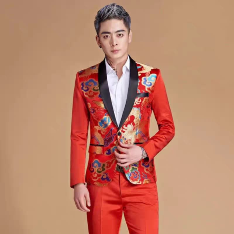 เช่า ชุดสูทชาย สไตล์จีน สีแดง ปกทักซิโด้ดำ ลายมังกร