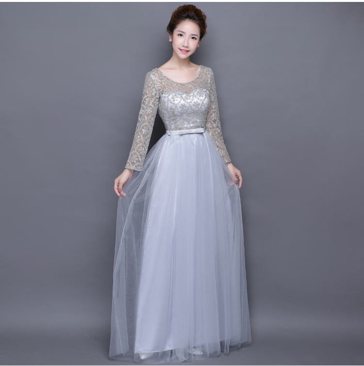 Pre-order ชุดราตรียาว แขนยาว คอกลม ช่วงบนผ้าโปร่ง แต่งกากเพชร แต่งโบว์คาดเอว ซิปหลัง ไซส์ใหญ่ XS-4XL