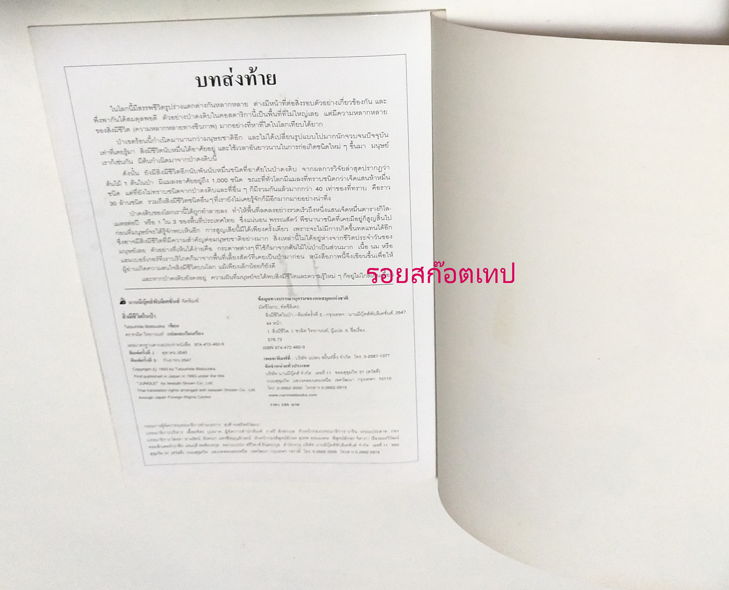 หนังสือภาพสวย ** กลางปกด้านใน หน้าและหลัง และหน้าสุดท้ายมีรอบสก๊อตเทป ภาพสีทั้งเล่ม ศึกษาชนิดพืชและสัตว์ในป่าดงดิบอันอุดมสมบูรณ์ "สิ่งมีชีวิตในป่า" โดย Tatsuhide Matsuoka แปลและเรียบเรียงโดย ดร. ชวลิต วิทยานนท์ พิมพ์ครั้งที่ 2 กันยายน 2547