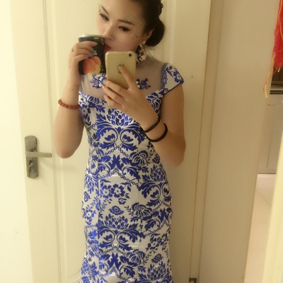 Pre-order ชุดแฟนซี ชุดราตรียาว คอจีน สีน้ำเงิน ทรงหางปลา สวยหรู