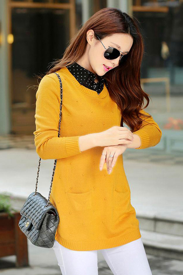 เสื้อสเวตเตอร์ไหมพรม คอปกเชิ้ตลายจุด แต่งกระเป๋าคู่ (12217B)