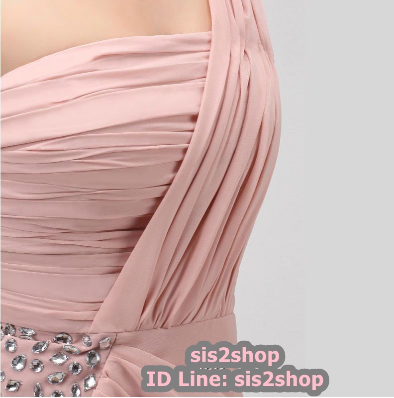 พร้อมส่ง ชุดราตรีสั้น เกาะอก ไหล่เดียว สีชมพู Nude จับเดรปทิ้งชายช่วงสะโพก