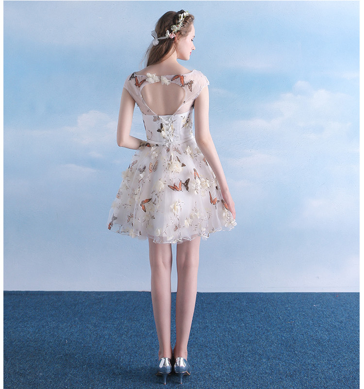 Pre-order ชุดราตรีสั้น ชุดเพื่อนเจ้าสาว ตกแต่งด้วยลายดอกไม้ทั้งชุด กระโปรงผ้าแก้ว สีชมพู สีครีมแชมเปญ สีม่วง (เชือกผูกหลัง)