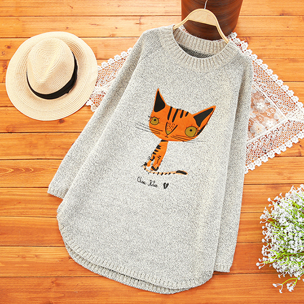 เสื้อไหมพรมกึ่งวูลหนานุ่ม ปักลายแมวน่ารัก (12355LM)