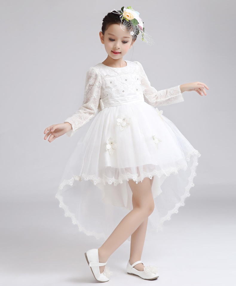 Pre-order ชุดราตรีเด็ก หน้าสั้นหลังยาว แขนยาว ผ้าลูกไม้ กระโปรงตาข่าย ปักเลื่อม แต่งดอกไม้ แต่งโบว์ ซิปหลัง