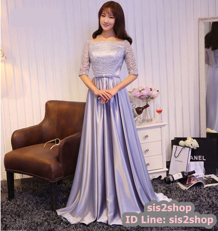พร้อมส่ง ชุดราตรียาว แบบไหล่ปาด แขนยาว สีม่วง ลูกไม้สวย แต่งโบว์ช่วงเอว กระโปรงผ้าซาติน (เชือกผูกหลัง)