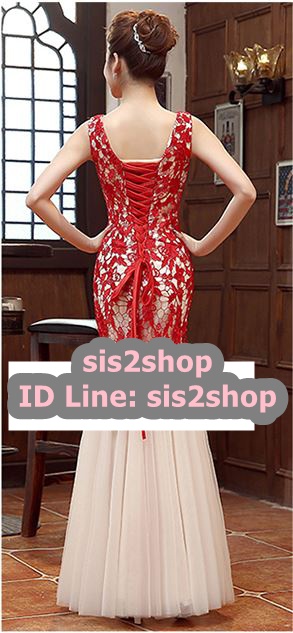 พร้อมส่ง ชุดราตรียาว สีแดง แบบแขนกุด ลายลูกไม้ ทรงหางปลาแต่งผ้าตาข่าย (เชือกผูกหลัง)