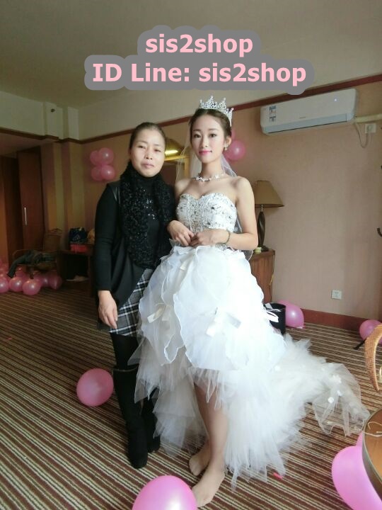 Pre-order ชุดแฟนซี ชุดเจ้าสาว ชุดราตรี สีขาว เกาะอก หน้าสั้นหลังยาว เชือกผูกหลัง