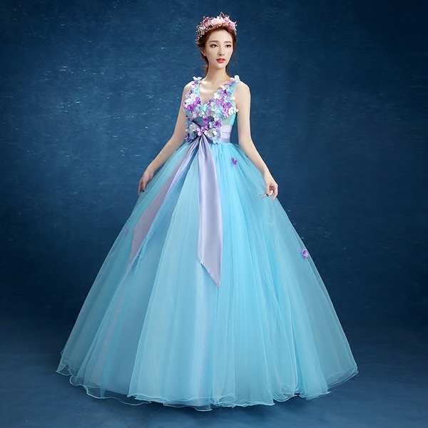 Pro-order ชุดราตรี ชุดแฟนซียาว แบบแขนกุด กระโปรงผ้าแก้ว ช่วงบนเป็นผ้าตาข่าย แซมด้วยดอกและผูกโบว์ช่วงเอว เชือกผูกหลัง