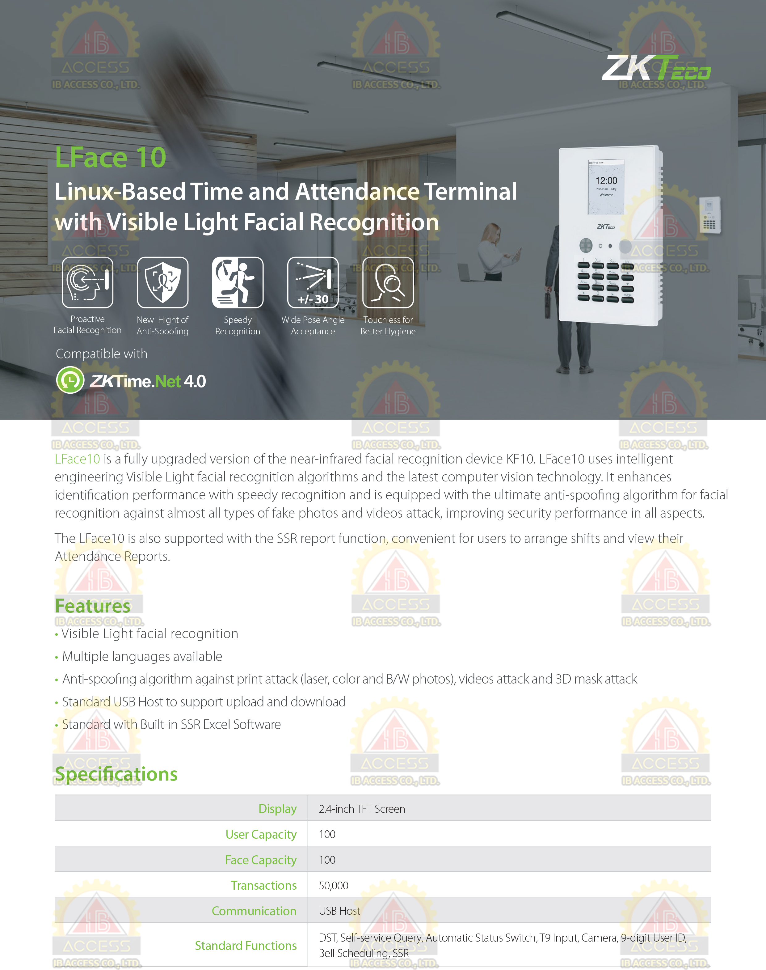 เครื่องสแกนใบหน้า ยี่ห้อ ZKTeco รุ่น LFace10